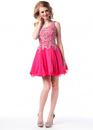 Princess One Shoulder Beaded Chiffon Knee Length Cocktail Dress